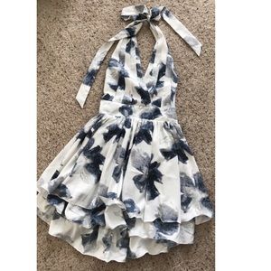 White, gray, blue floral print halter-neck dress